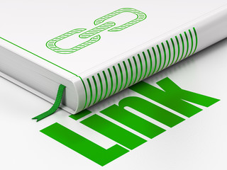 Web design concept: closed book with Green Link icon and text Link on floor, white background, 3D rendering