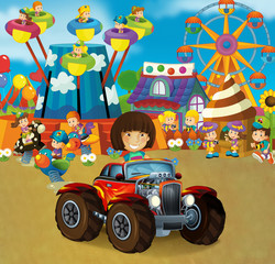Obraz na płótnie Canvas cartoon scene with happy and funny kids on the playground and in the car cabriolet - illustration for children