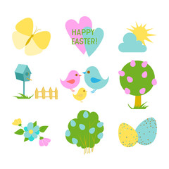 Happy Easter set with cute elements for greeting or invitation card. Eggs huntings, birds, spring mood and flowers. Vector illustration