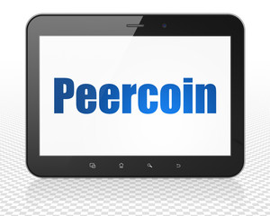 Blockchain concept: Tablet Pc Computer with blue text Peercoin on display, 3D rendering