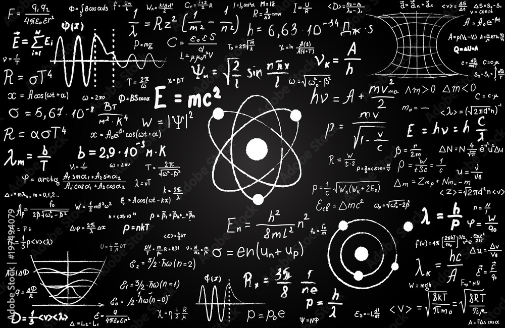 Wall mural blackboard inscribed with scientific formulas and calculations in physics and mathematics. can illus