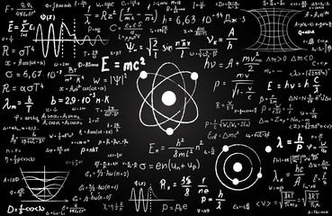 Blackboard inscribed with scientific formulas and calculations in physics and mathematics. Can illustrate scientific topics tied to quantum mechanics, relativity theory and any scientific calculations - obrazy, fototapety, plakaty