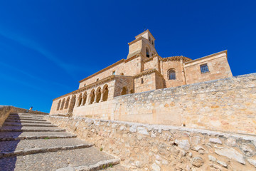 Obraz premium stairs to church Santa Maria Virgen del Rivero, romanic style landmark and public monument from twelfth century, in San Esteban de Gormaz village, Soria, Spain, Europe 