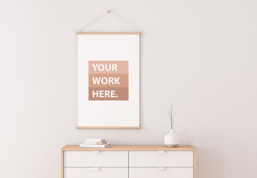 Vertical Roll-Up Poster Mockup Hanging on Wall