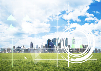 Natural background with modern cityscape green field and media interface
