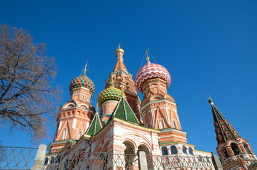 Cathedral of the Intercession of the blessed virgin Mary that on the Moat (St. Basil's Cathedral) against the blue sky, Moscow, Russia