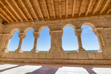 archs in portico of church Santa Maria del Rivero, romanesque style landmark and public monument from 12th century, in San Esteban de Gormaz, Soria, Spain, Europe
