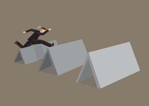 Cartoon Businessman Hurdles Over Obstacles Vector Cartoon Illustration