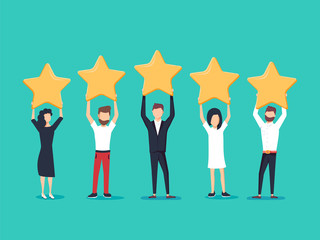 Five stars rating flat style vector concept. People are holding stars over the heads. Feedback consumer