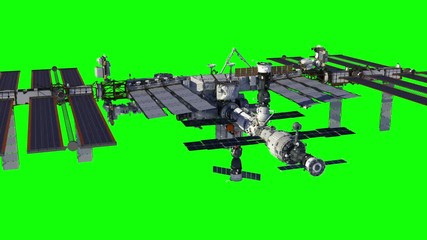 Flying Around International Space Station. Green Screen. 3D Animation.