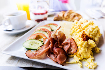Breakfast bacon with Egg on table