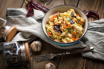 Risotto with chicken and vegetables.