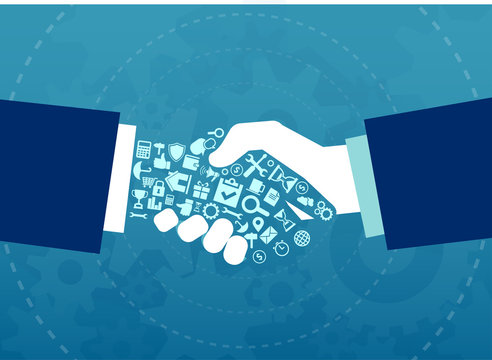 Vector illustration of a businessmen handshake with elements and icons of finance