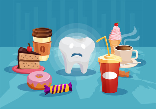 Tooth surrounded with sugar unhealthy food