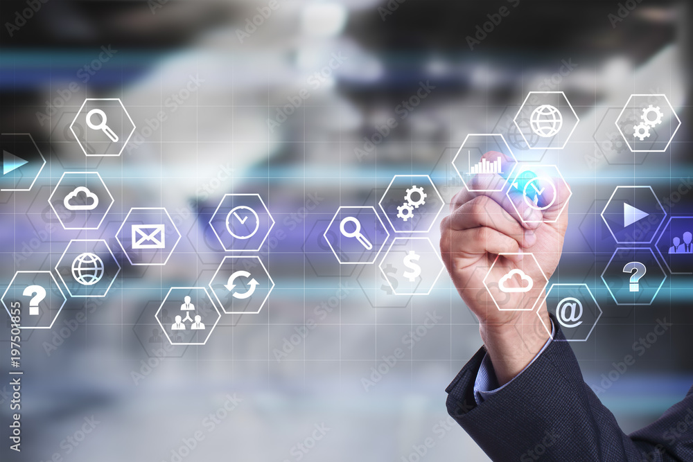 Poster virtual screen interface with applications icons. apps. strategy planning internet technology concep