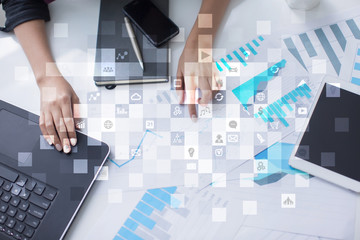 Virtual screen interface with applications icons. APPS. Strategy planning Internet technology concept.