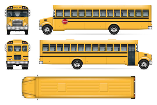 School bus vector mock-up. Isolated template of city transport on white. Vehicle branding mockup. Side, front, back, top view. All elements in the groups on separate layers. Easy to edit and recolor.