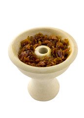 Bowl for hookah on white background. A bowl of white clay with tobacco inside.