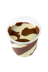 Chocolate paste in a plastic jar. Chocolate - milk paste in a plastic container on a white background.