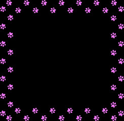 Square frame made of pink animal paw prints on black background.