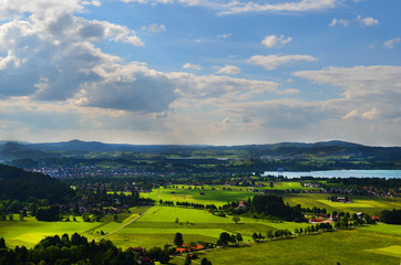 Scenic landscape. Green valley and hills, sunny day. Nature picture for background.