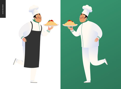 Italian restaurant set - two cooks wearing the uniform holding a dish of pasta with red bolognese sauce, cartoon character