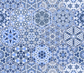 Seamless hexagonal mosaic tiles in vector set. Oriental and ethnic motifs in design patterns.