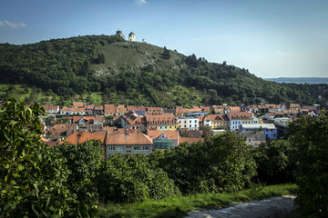 houses of a historic city with red roofs under a forested hill with a white chapel