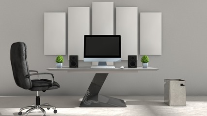3D illustration of interior design of computer setup 