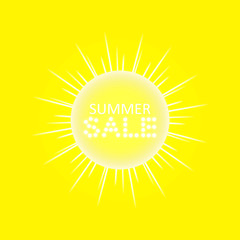 Super summer sale banner with sun on the yellow background. Business seasonal shopping concept, vector