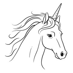 Unicorn head with flowing mane hand drawn black and white pen and ink style line drawing illustration. Fantasy mythical creature, fairy tales, dreams, hope. believe in yourself concept.