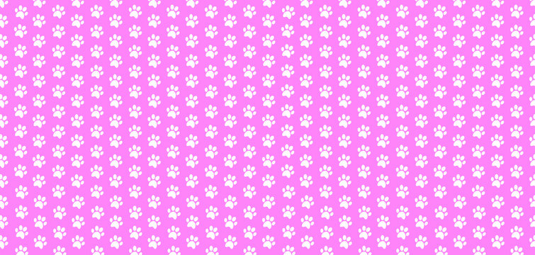 Rectangle seamless baby pattern of white animal paw prints on pink background.