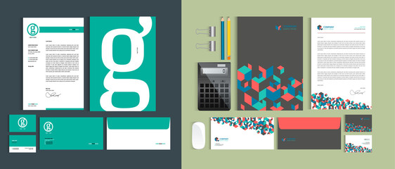 Set of Business identity design templates. Stationery set -  Letterhead A4 template, name card (3,5 x 2), envelope (8.66 x 4.33), presentation folder(9 x 12). Vector illustration.