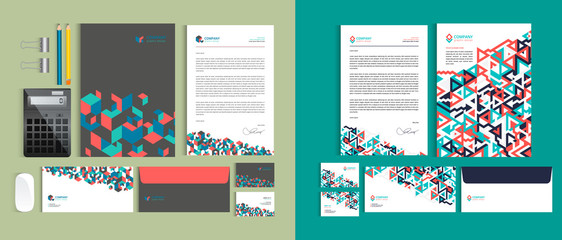 Naklejka premium Set of Business identity design templates. Stationery set - Letterhead A4 template, name card (3,5 x 2), envelope (8.66 x 4.33), presentation folder(9 x 12). Vector illustration.