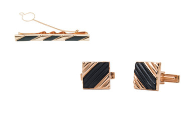 Set of golden cufflinks  and clamp for a tie