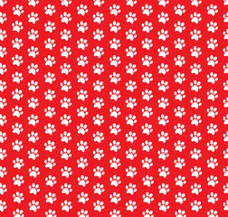 Square seamless pattern of white animal paw prints on red background.