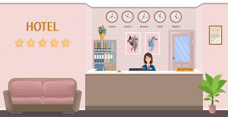 Hotel reception counter with receptionist. Resort hall interior design with woman employee. Vector illustration