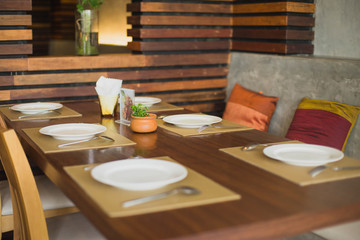 Table set restaurant. Table setup in outdoor cafe, small restaurant.
