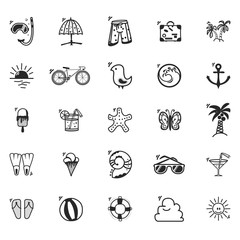 A set of summer icons, in a cartoon style doodle, completely handmade.