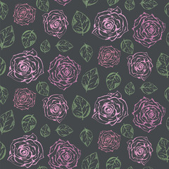 Dark seamless pattern with pale hand drawn scratched pink roses and green leaves. Romantic retro gravure flowers and leaves texture for textile, wrapping paper, surface, wallpaper, cover, background