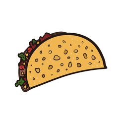 Doodle bright outline mexican tacos symbol. Cartoon flat black linear colorful taco sign for fast food restaurant or cafe menu, advertisement, banners, stickers