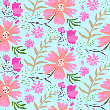 Bright doodle pink flowers on blue background summer seamless pattern. Tender light hand drawn floral texture with cute leaves, waterdrops for textile, wrapping paper, print design, wallpaper, surface