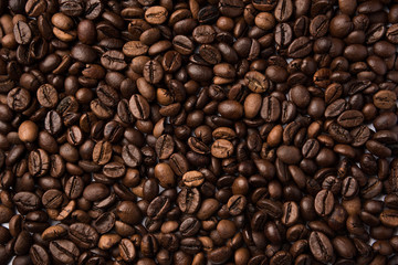 Mixture of different kinds of roasted coffee beans. Coffee Background