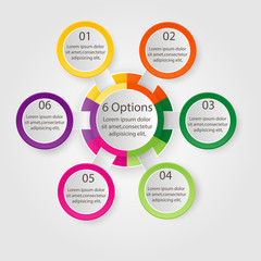 Infographic diagram with 6 options. Vector template what can be used as circular chart, numbered banner, workflow layout, graph, report, presentation, web design.
