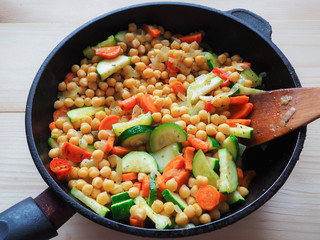 Stewed vegetables in a pan. Vegetarian dishes of chickpeas.
