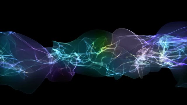 Smoke, gas, incense or plasma. Looping abstract animation. Rainbow colors on black. Soft evolving curves, slow motion flow from left to right. Background or screen saver.