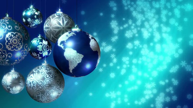 Christmas background with the Earth as a rotating Xmas ball. Blue and silver baubles on a background of snowflakes falling. Copy space at right. In 4K and HD.