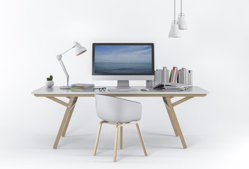 3D rendering of Studio with computer, chair and computer desk. On white background
