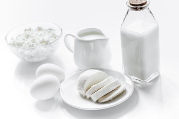 Healthy food concept with milk and cottage cheese on white table