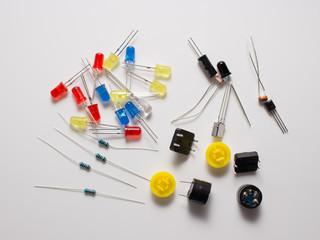 Electronics set - colored LEDs, transistors and plastic buttons